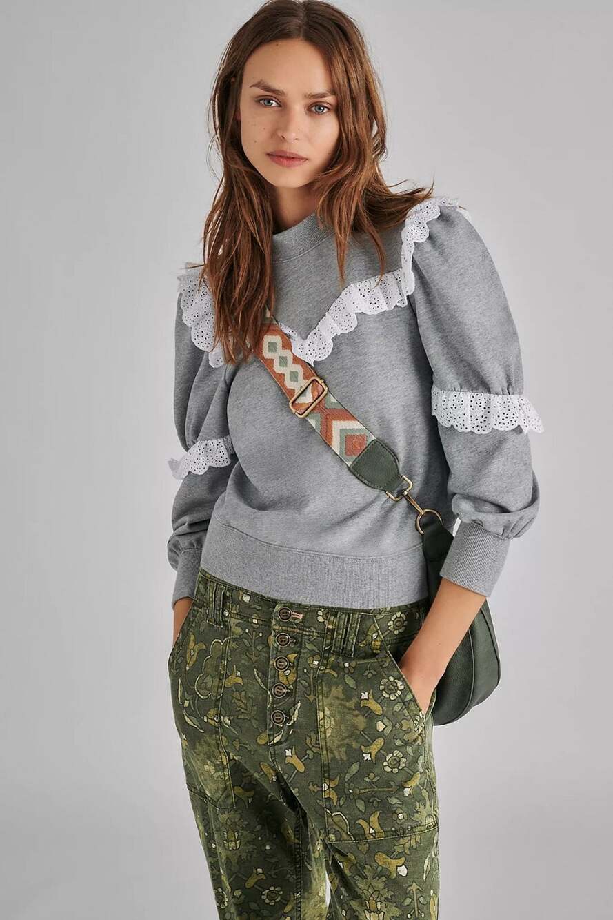 New Anthropologie Corsica Ruffled Eyelet Sweatshirt Othilia Size Small